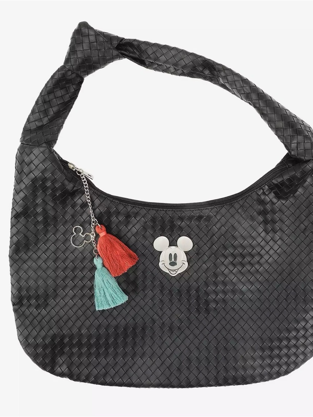 Mickey Mouse BIO WORLD Black Woven Shoulder Bag with Tassel Charm